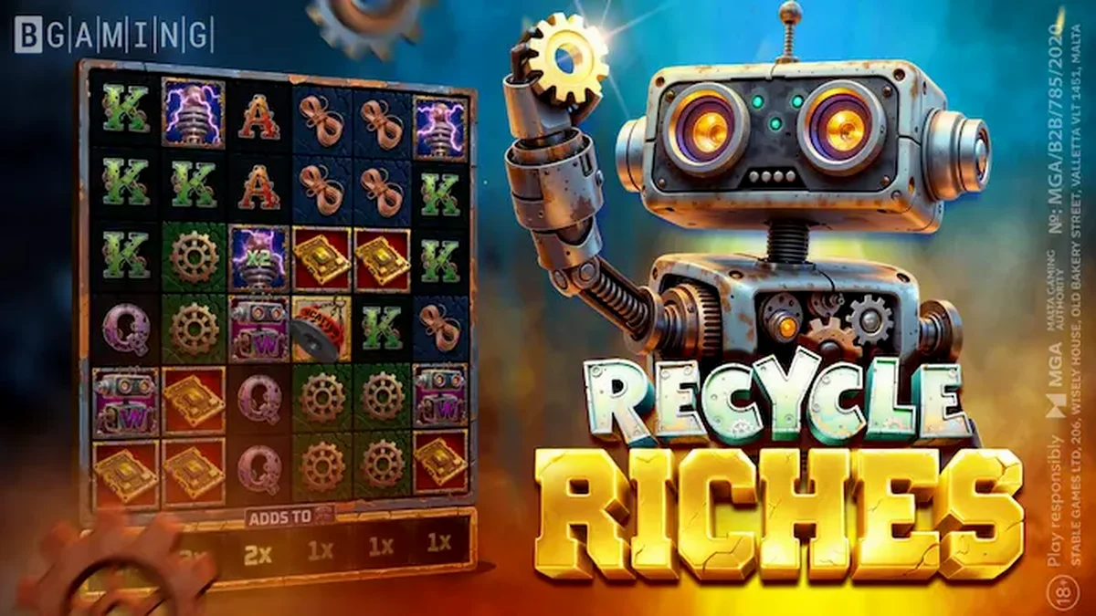 Tampilan antarmuka mobile slot The Recycle Riches dengan tema robot dan barang bekas futuristik.