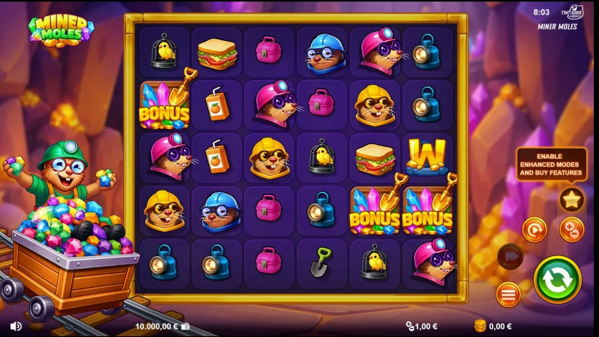 Tampilan visual slot Miner Moles dengan tema tambang kartun yang ceria