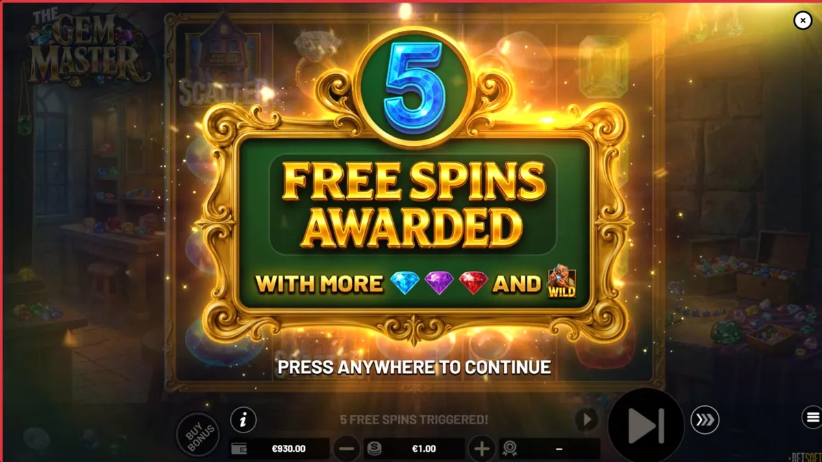 Tampilan visual slot The Gem Master dengan latar belakang bengkel perhiasan yang mewah