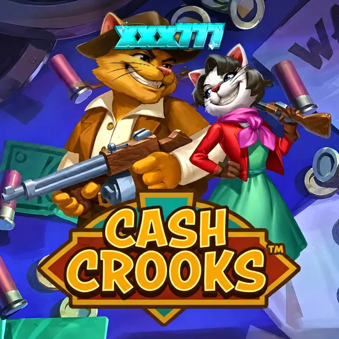 Tinjauan permainan slot Cash Crooks dari Hacksaw Gaming dengan kucing pencuri Betty dan Clyve.